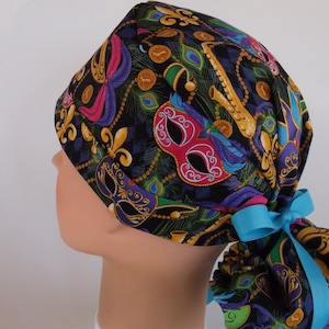 Mardi Gras Ponytail - Womens lined surgical scrub cap, scrub hat, nurse surgical hat, 148