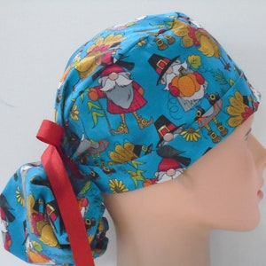 Thanksgiving Gnomes Ponytail - Womens lined surgical scrub cap, Nurse surgical hat, nurse cap, f
