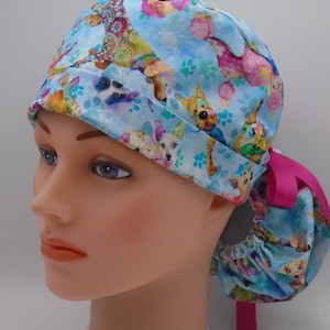 Show Dogs Ponytail - Womens lined surgical scrub cap, surgical hat, Nurse cap, 132