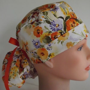 Autumn Bouquet Ponytail - Womens lined surgical scrub cap, scrub hat, nurse surgical hat 61