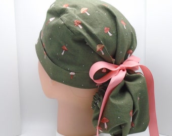 Cute Mushrooms Ponytail - Womens lined surgical scrub cap, scrub hat, nurse surgical hat 133
