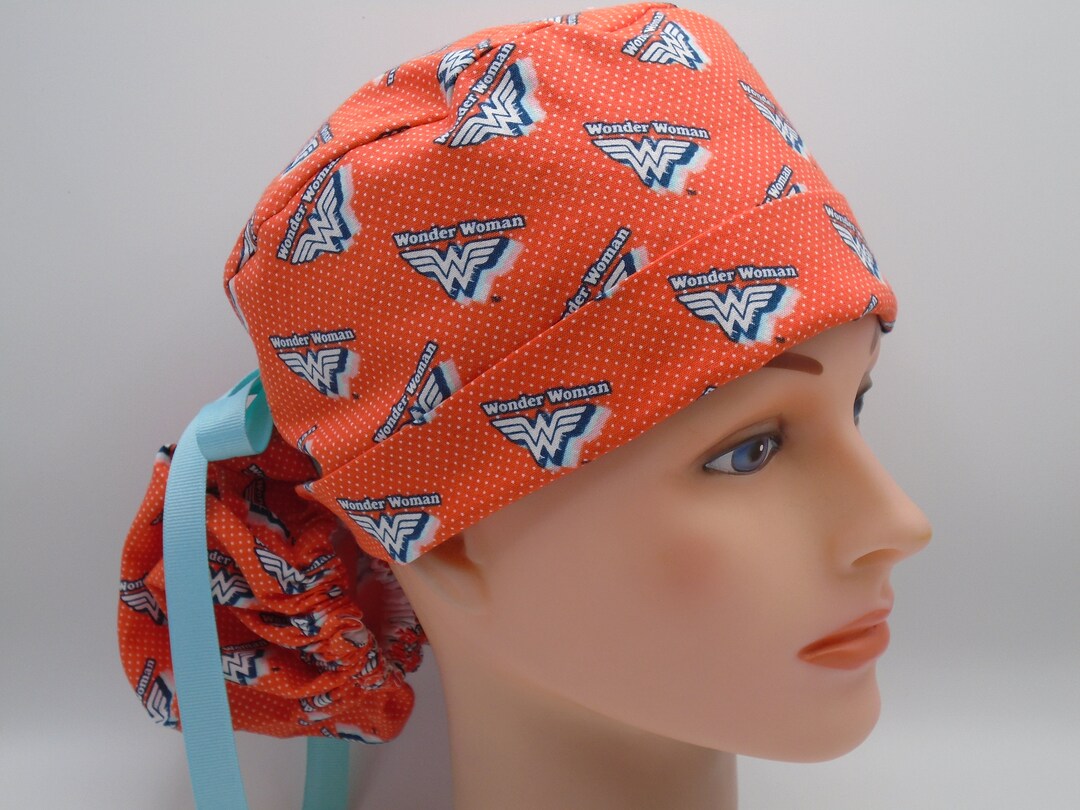 Wonder Woman Orange Dot Ponytail Womens Lined Surgical Scrub Cap, Scrub ...