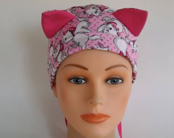 Marie Cat Ears - Womens lined surgical scrub cap, Chemo hat, Nurse hat, 159