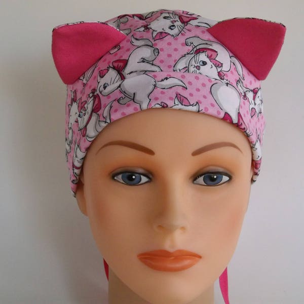 Marie Cat Ears - Womens lined surgical scrub cap, Chemo hat, Nurse hat, 159