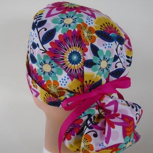 Carnival Flowers Ponytail - Womens lined surgical scrub cap, scrub hat, nurse surgical hat