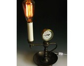 Steampunk Antique Victorian Style Lamp w Edison Bulb - Metal Art Light Pressure Guage Vintage Old Brass Estate