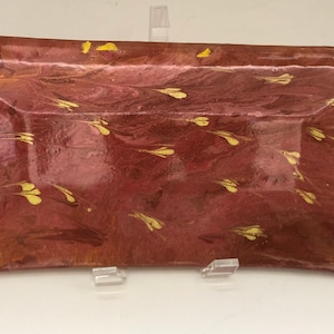 Swirls of pink and red with yellow accents fused glass rectangle dish