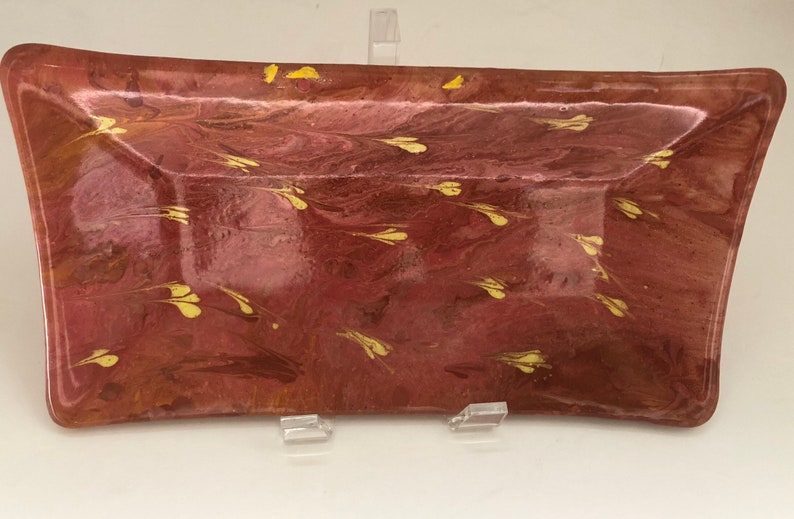 Swirls of pink and red with yellow accents fused glass rectangle dish