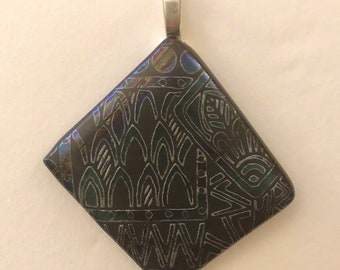 Abstract dichroic blue and purple on black on black fused glass pendant