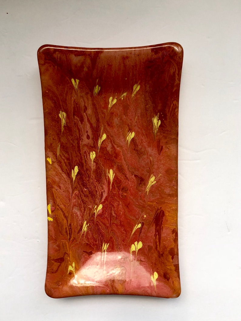 Swirls of pink and red with yellow accents fused glass rectangle dish