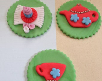 Edible Fondant cupcake, Cookie Toppers- Tea Party