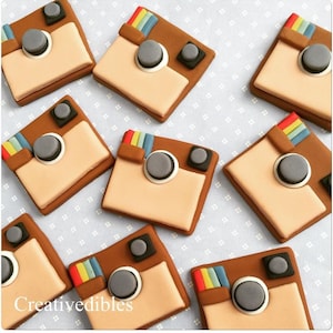 May include: Nine brown and beige Instagram logo-shaped cookies with colorful rainbow accents. The cookies are decorated with white frosting and gray circles to resemble the Instagram logo.