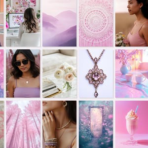 Spiritual stock photos of pretty crystals, flowers and models for Instagram posts with MRR and PLR rights in a pink and purple palette.