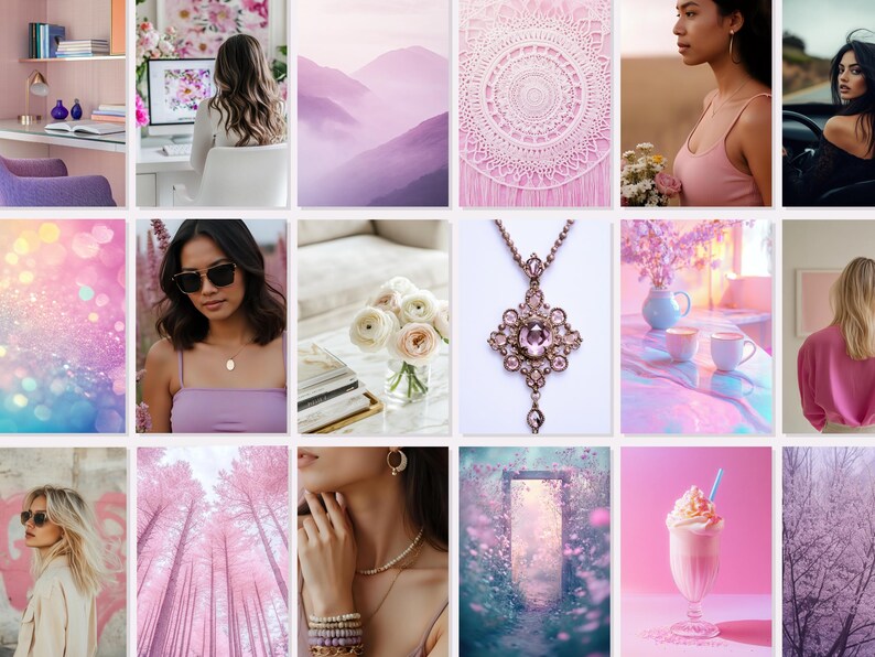 Spiritual stock photos of pretty crystals, flowers and models for Instagram posts with MRR and PLR rights in a pink and purple palette.