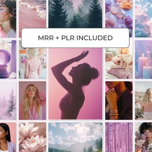 Spiritual stock photos of pretty crystals, flowers and models for Instagram posts with MRR and PLR rights in a pink and purple palette.