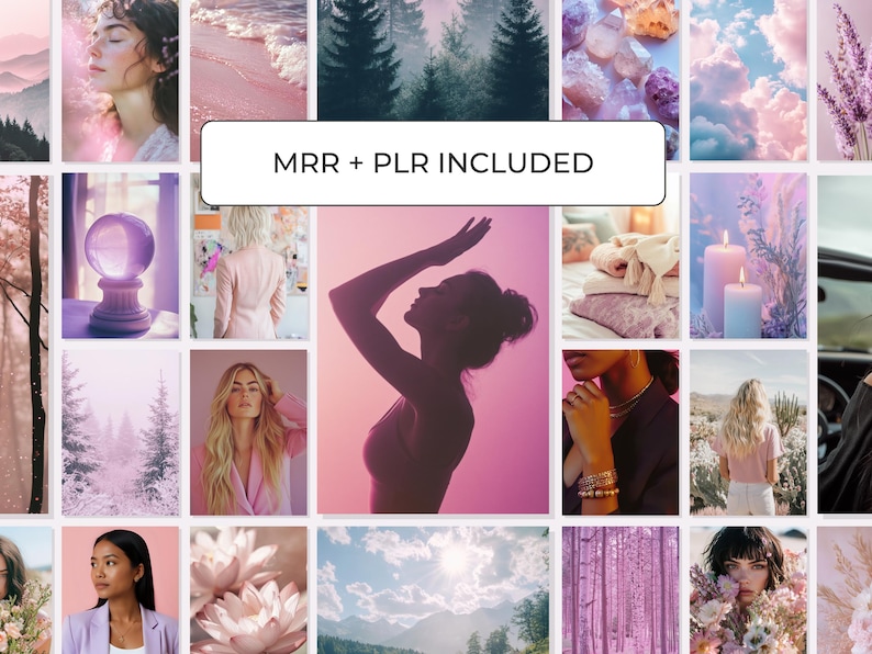 Spiritual stock photos of pretty crystals, flowers and models for Instagram posts with MRR and PLR rights in a pink and purple palette.