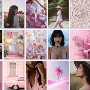 Spiritual stock photos of pretty crystals, flowers and models for Instagram posts with MRR and PLR rights in a pink and purple palette.