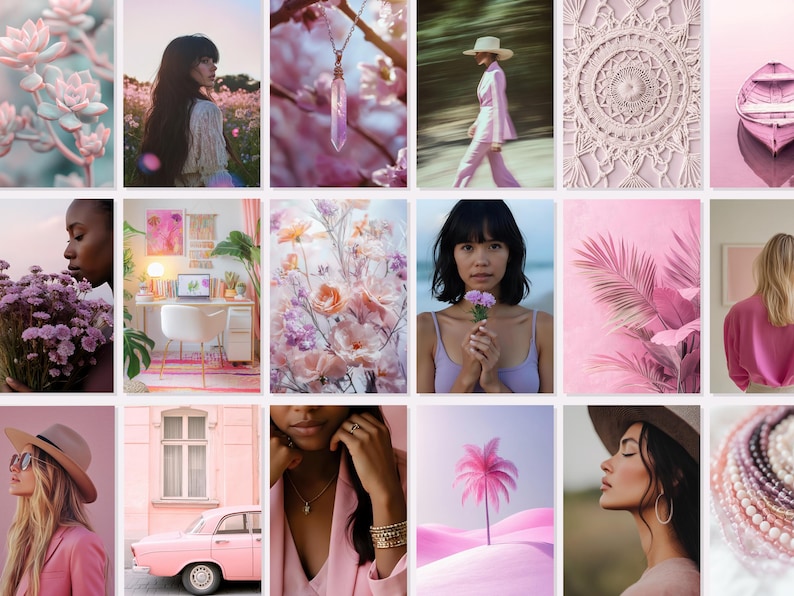 Spiritual stock photos of pretty crystals, flowers and models for Instagram posts with MRR and PLR rights in a pink and purple palette.