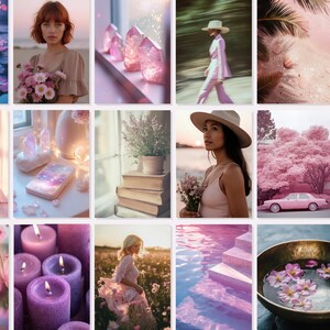 Spiritual stock photos of pretty crystals, flowers and models for Instagram posts with MRR and PLR rights in a pink and purple palette.