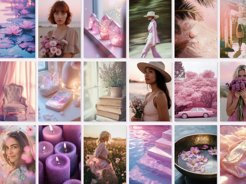 Spiritual stock photos of pretty crystals, flowers and models for Instagram posts with MRR and PLR rights in a pink and purple palette.