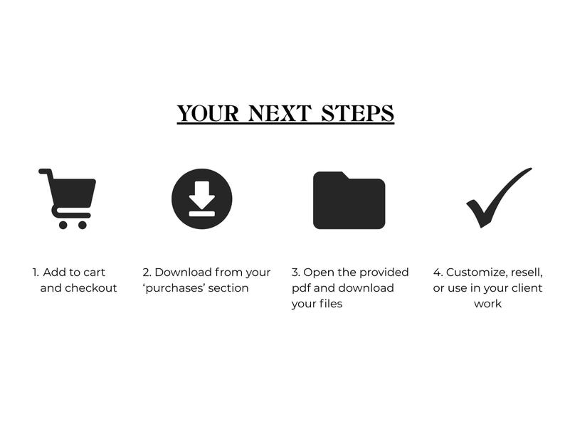 May include: A black and white graphic with the text "YOUR NEXT STEPS" and numbered instructions. Includes a shopping cart, download icon, folder, and checkmark, with steps for purchasing and using digital files.