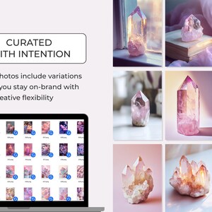 Spiritual stock photos of pretty crystals, flowers and models for Instagram posts with MRR and PLR rights in a pink and purple palette.