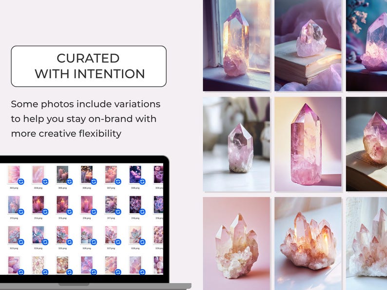 Spiritual stock photos of pretty crystals, flowers and models for Instagram posts with MRR and PLR rights in a pink and purple palette.