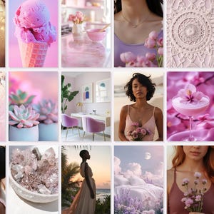 Spiritual stock photos of pretty crystals, flowers and models for Instagram posts with MRR and PLR rights in a pink and purple palette.