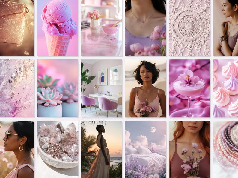 Spiritual stock photos of pretty crystals, flowers and models for Instagram posts with MRR and PLR rights in a pink and purple palette.