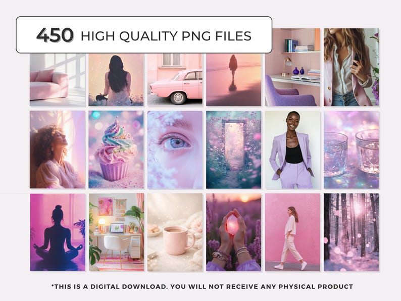 Spiritual stock photos of pretty crystals, flowers and models for Instagram posts with MRR and PLR rights in a pink and purple palette.