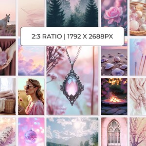 Spiritual stock photos of pretty crystals, flowers and models for Instagram posts with MRR and PLR rights in a pink and purple palette.