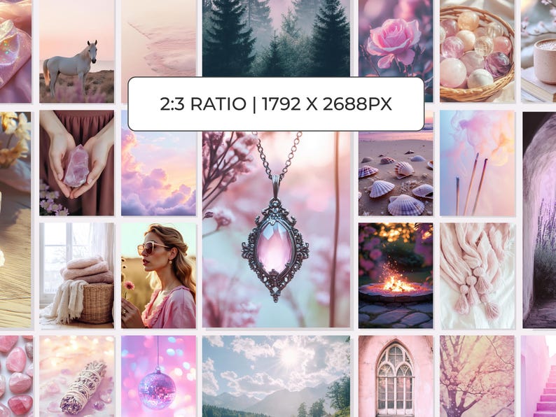 Spiritual stock photos of pretty crystals, flowers and models for Instagram posts with MRR and PLR rights in a pink and purple palette.