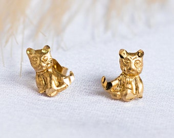 14k Solid Gold Teddy Bear Ear Studs - Vintage Retro Estate Earrings - Valentine's Gift for Her