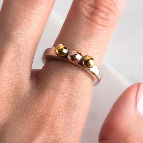 Sterling Silver Tri Color Pearl "Dot" Ring - Rose Gold, Silver, Gold Minimalist Stacking Ring - Size 4.75 - Janina MET