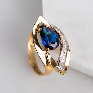 Solid 14k Gold Sapphire with Diamonds Unique Art Deco Ring - Vintage Estate Two Tone White Yellow Gold - Teardrop Natural Sapphire
