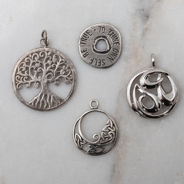 Sterling Peace Love Charms - Tree of Life, Om, Wiccan Moon, Be True To Thine Own Self - Vintage 925 Silver Charms for Bracelet or Necklace
