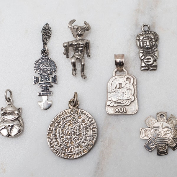 Sterling Latin America Charms - Vintage Aztec, Mayan, Inca, Mexico Stamped Calender Pueblo Deities Emblems in 925 Silver