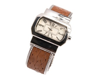 Sterling Silver Ecclissi Watch Brown Leather Braided Spring Cuff Watch Vintage