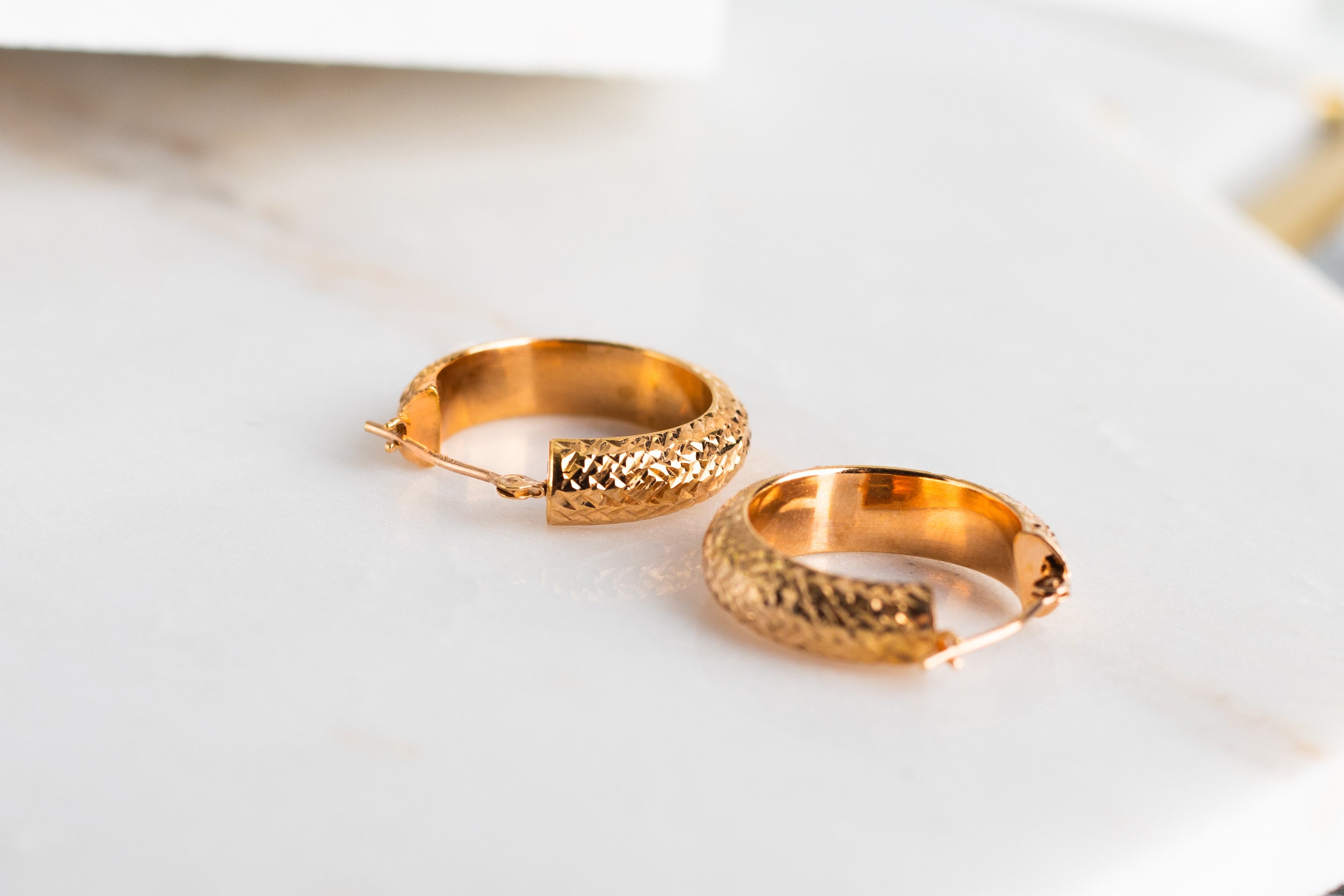 14k Solid Gold 20mm Textured Hoop Earrings - Statement