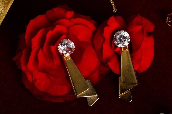14k Gold Bridal Crystal Drop Earrings - Vintage A… - image 3
