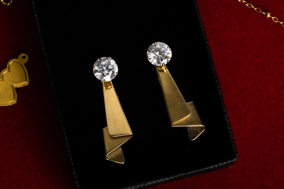 14k Gold Bridal Crystal Drop Earrings - Vintage A… - image 2