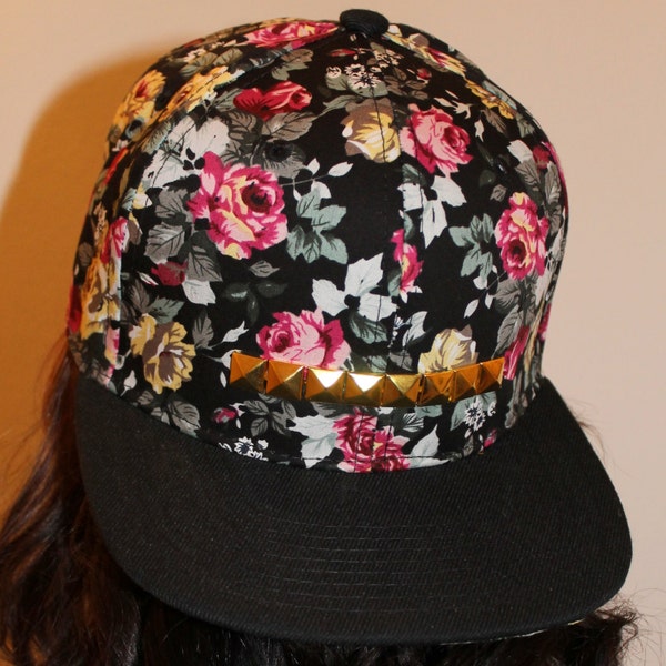 Rose Black Studded Floral Snapback