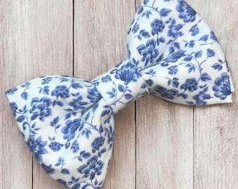 Blue Floral Dog Bow Tie: Elegant Pet Wedding Collar, Handmade in USA