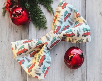 Red Truck Christmas Tree Dog Bow Tie: Holiday Pet Collar, Handmade