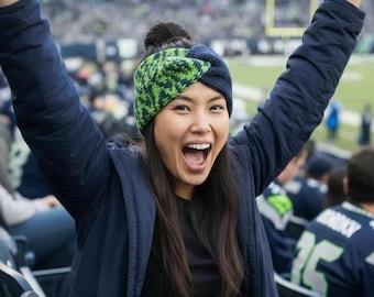 Bandeau torsadé bleu marine et vert Seattle, bandeau d'hiver double épaisseur pour supporters de football, cache-oreilles tricoté à la main le jour du match, fait main aux États-Unis