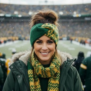 May include: A knitted headband featuring a twisted front design in alternating forest green and golden yellow yarn, paired with a matching long scarf in a coordinated chevron-style knit pattern, worn over a dark green hooded winter jacket.