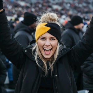 May include: A knitted headband featuring a colour-blocked design with one half in bright yellow and the other half in solid black. The accessory has a twisted knot detail at the centre front and is worn over blonde hair, paired with a black winter jacket.