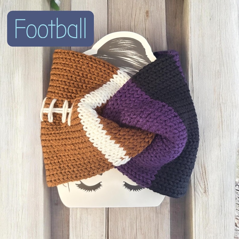 A brown, white, purple, and black knitted headband with a football design. The headband has a brown base with white stripes and white stitching, and a section of purple and black. The word "Football" is in a blue rectangle.