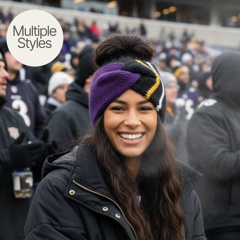 May include: A knitted headband featuring a twisted front design with a color-blocked pattern of purple on one side and black with thin yellow and white stripes on the other. The text Multiple Styles is visible in the upper left corner of the image.