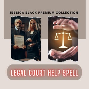 May include: A digital illustration of a scale of justice with glowing light, surrounded by two hands. The image is set against a background of a judge and a woman holding a document that says "Divorce". The text "LEGAL COURT HELP SPELL" is at the bottom of the image.